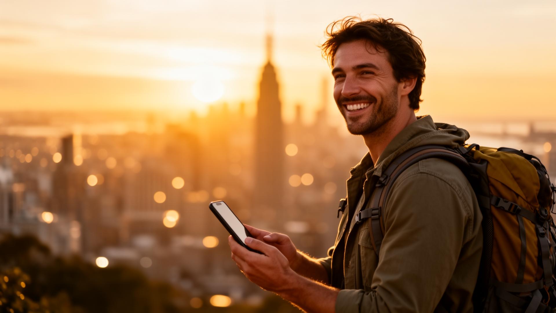 Traveler using ConnectSIM eSIM with a city skyline at sunset